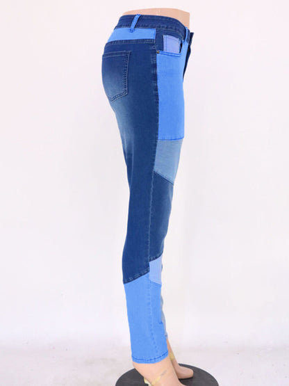 Two-color Stitching Street Wash High Waist Skinny Jeans