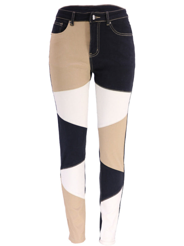 Two-color Stitching Street Wash High Waist Skinny Jeans