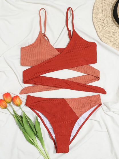 Color Block Cross Strap High Waist Bikini Swimsuit