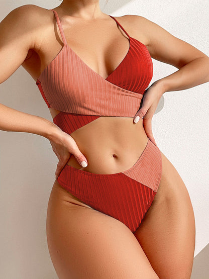 Color Block Cross Strap High Waist Bikini Swimsuit