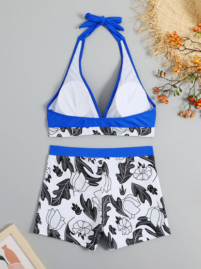 High Waist Boxer Tie Printed Solid Color Panel Bikini