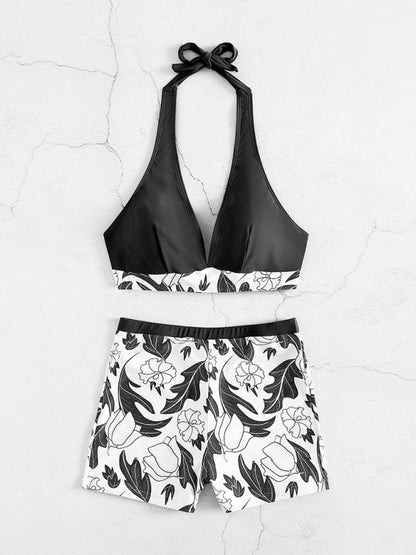 High Waist Boxer Tie Printed Solid Color Panel Bikini