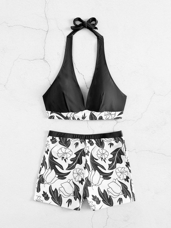 High Waist Boxer Tie Printed Solid Color Panel Bikini