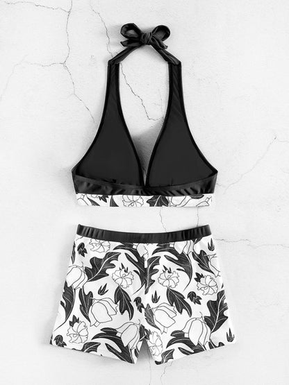 High Waist Boxer Tie Printed Solid Color Panel Bikini