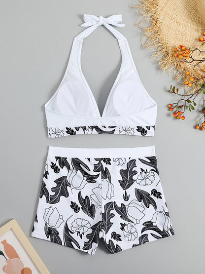 High Waist Boxer Tie Printed Solid Color Panel Bikini