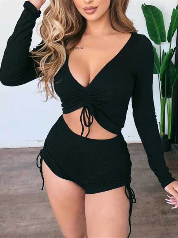 Casual V-Neck Low Cut Crop Top & Drawstring Shorts Set