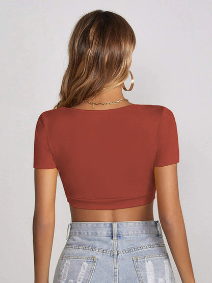 Knitted All-match Square Collar Cropped Short-sleeved T-shirt