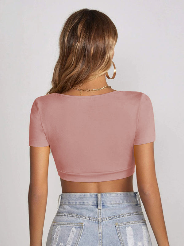 Knitted All-match Square Collar Cropped Short-sleeved T-shirt