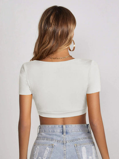 Knitted All-match Square Collar Cropped Short-sleeved T-shirt