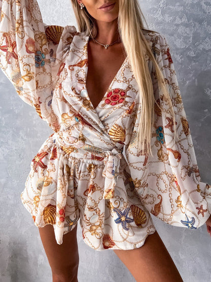 Floral Long-sleeved V-neck Tropical Rainforest Romper