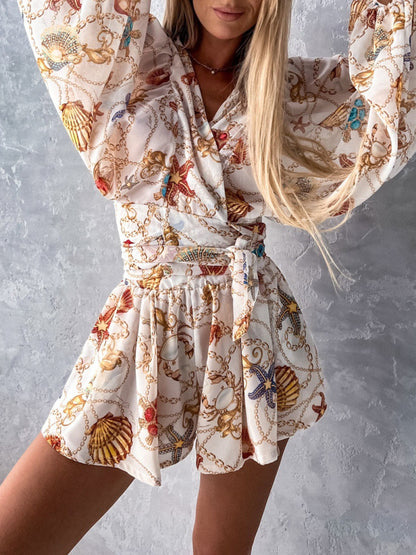 Floral Long-sleeved V-neck Tropical Rainforest Romper