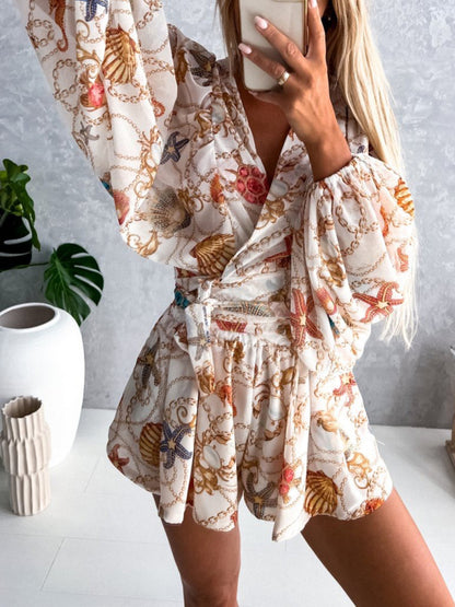 Floral Long-sleeved V-neck Tropical Rainforest Romper