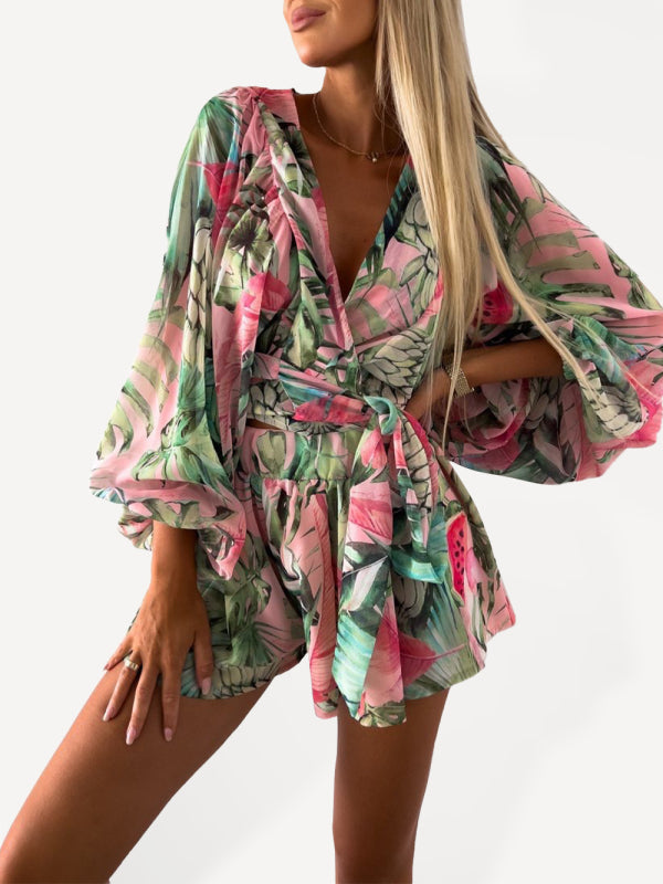 Floral Long-sleeved V-neck Tropical Rainforest Romper