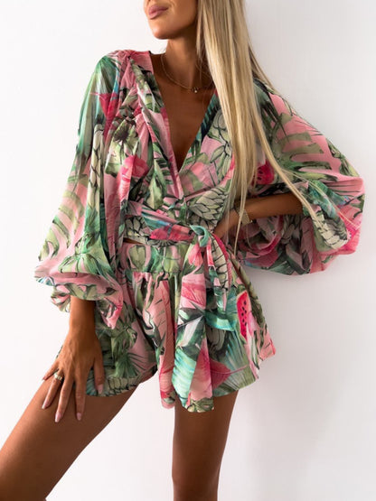 Floral Long-sleeved V-neck Tropical Rainforest Romper