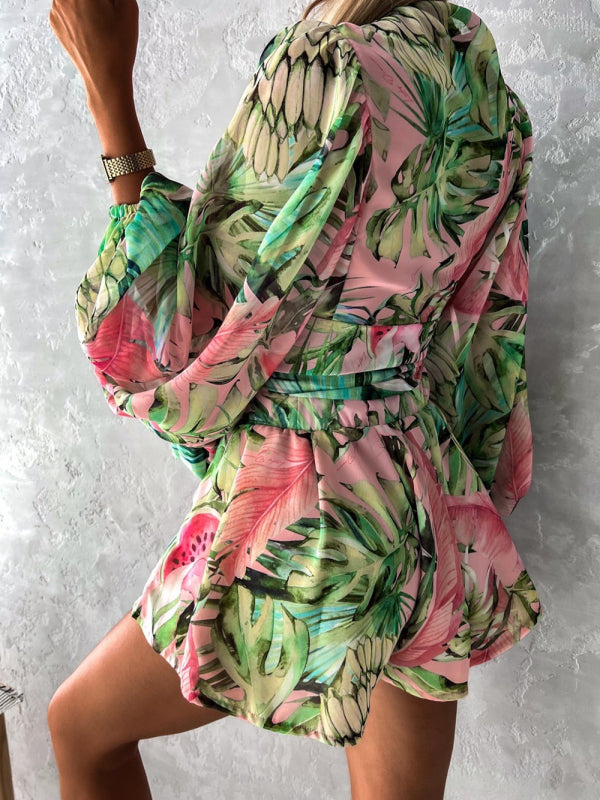 Floral Long-sleeved V-neck Tropical Rainforest Romper