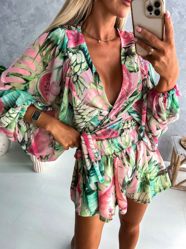 Floral Long-sleeved V-neck Tropical Rainforest Romper