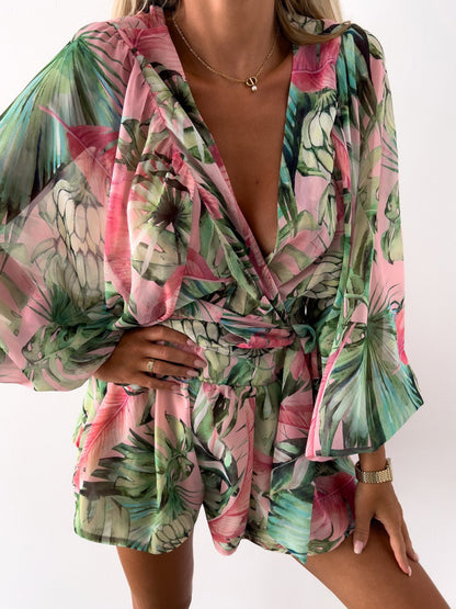 Floral Long-sleeved V-neck Tropical Rainforest Romper