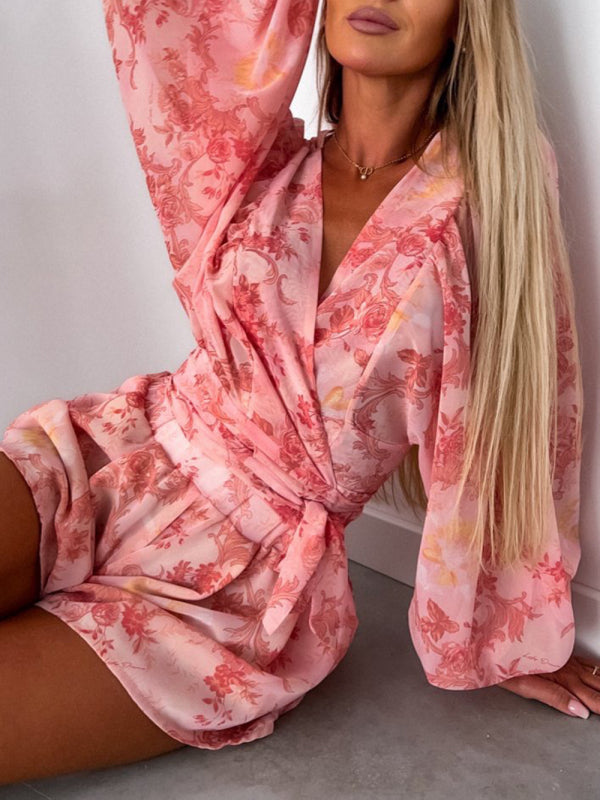 Floral Long-sleeved V-neck Tropical Rainforest Romper