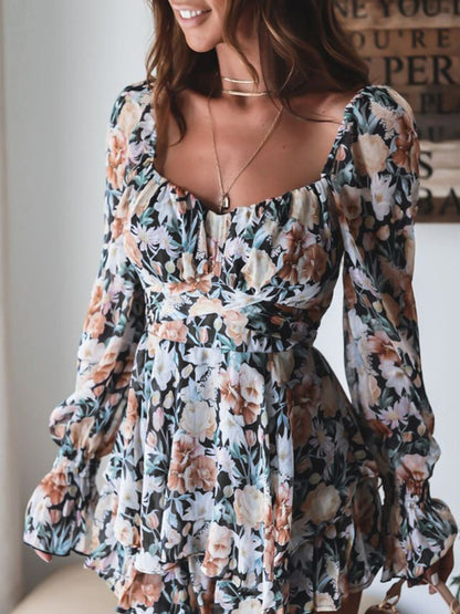 Sweetheart-neck Lantern Sleeve Lotus Leaf Printed Romper