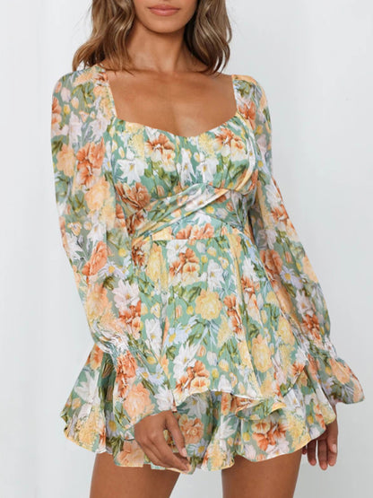 Sweetheart-neck Lantern Sleeve Lotus Leaf Printed Romper