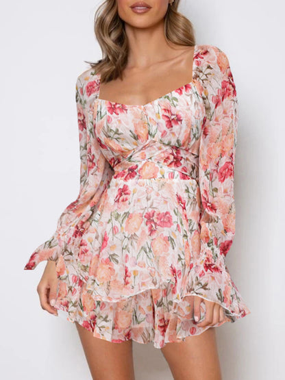 Sweetheart-neck Lantern Sleeve Lotus Leaf Printed Romper