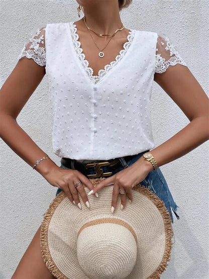 V-Neck Shirt Collar Sleeve Panel Lace Trim Blouse