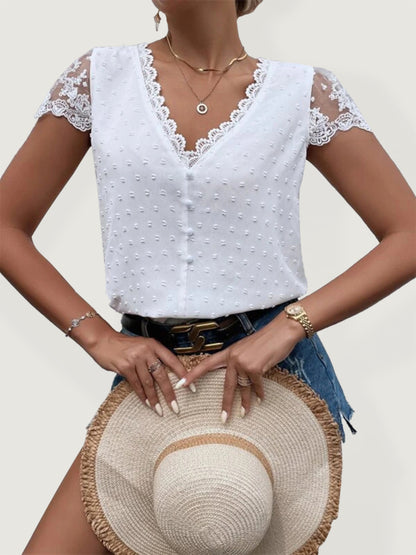 V-Neck Shirt Collar Sleeve Panel Lace Trim Blouse