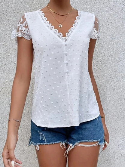 V-Neck Shirt Collar Sleeve Panel Lace Trim Blouse