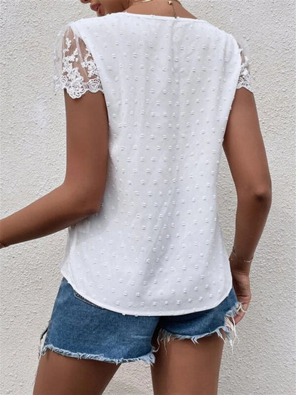 V-Neck Shirt Collar Sleeve Panel Lace Trim Blouse