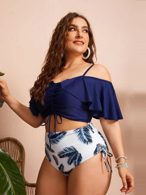 Plus Size Drawstring Ruffle Off Shoulder Strap High Waist Bikini Set