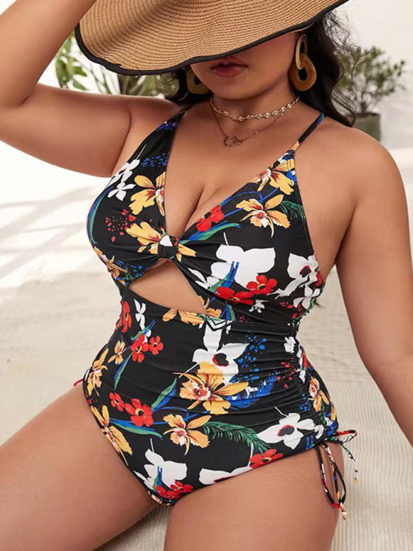 Plus Size Printed Push-up Hollow One-Piece Swimsuit
