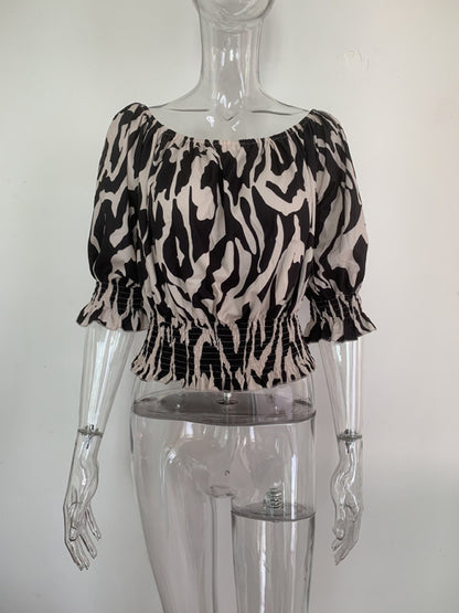 Printed Off Shoulder Loose Short Sleeve Top