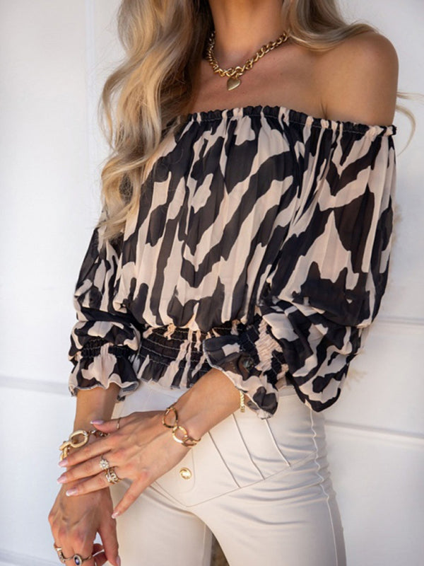 Printed Off Shoulder Loose Short Sleeve Top