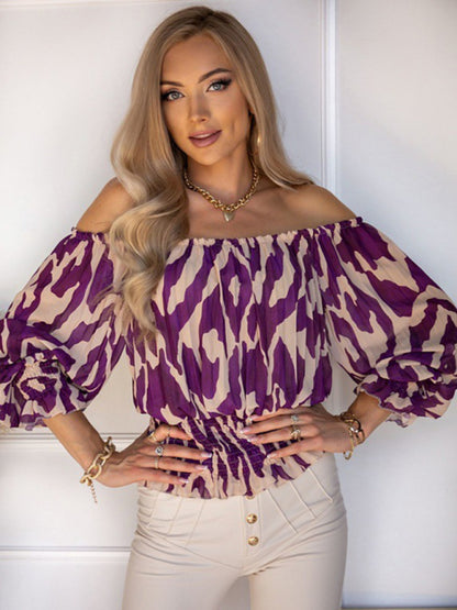 Printed Off Shoulder Loose Short Sleeve Top