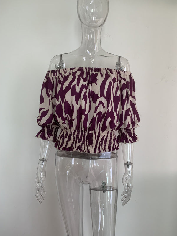 Printed Off Shoulder Loose Short Sleeve Top