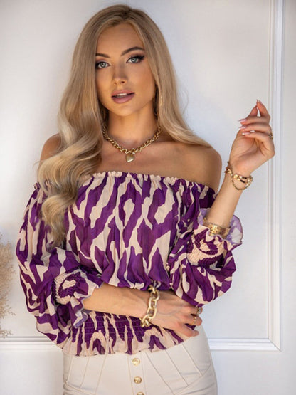 Printed Off Shoulder Loose Short Sleeve Top