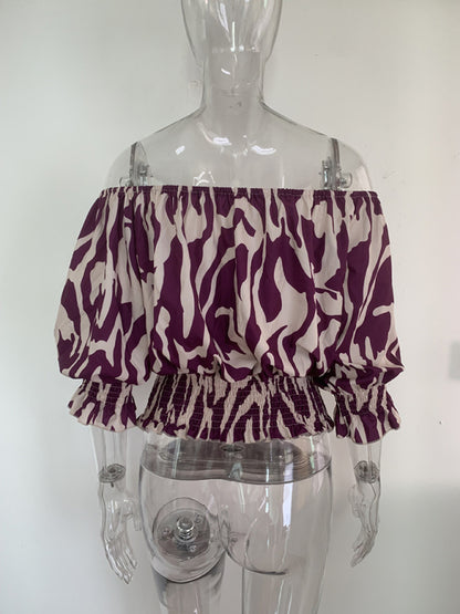 Printed Off Shoulder Loose Short Sleeve Top