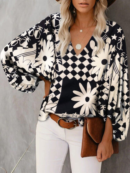 V-neck Casual Printed Lantern Sleeve Top