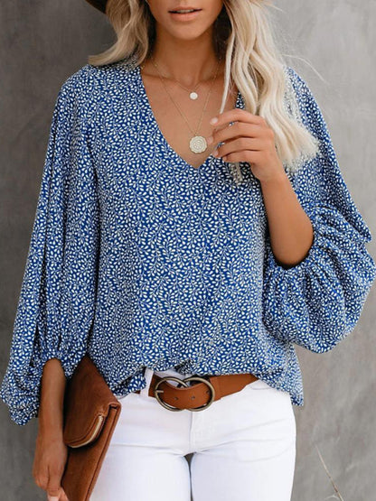 V-neck Casual Printed Lantern Sleeve Top