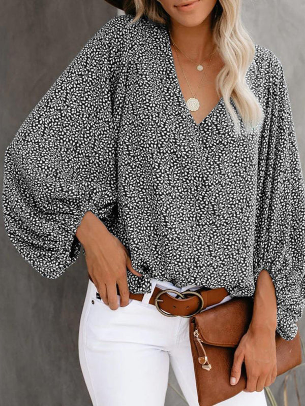 V-neck Casual Printed Lantern Sleeve Top