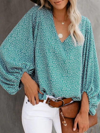 V-neck Casual Printed Lantern Sleeve Top