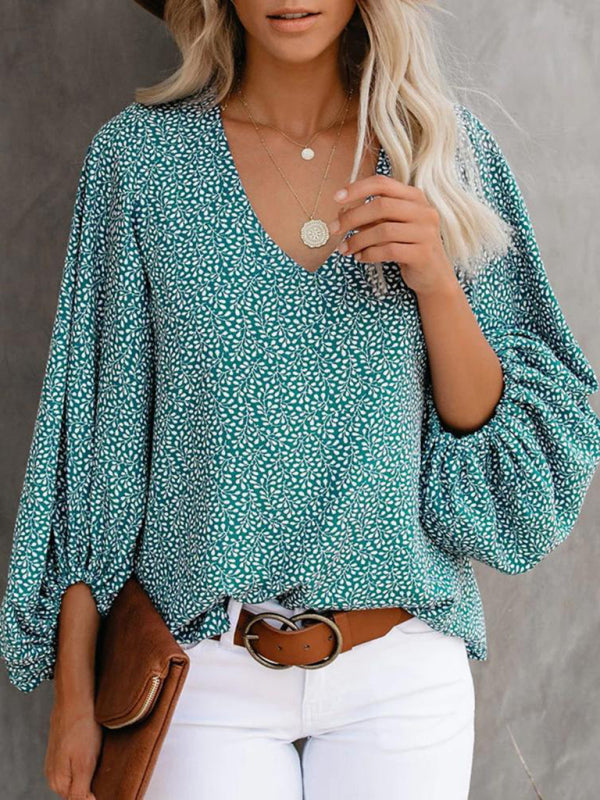 V-neck Casual Printed Lantern Sleeve Top