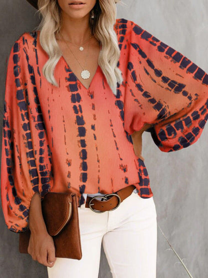 V-neck Casual Printed Lantern Sleeve Top