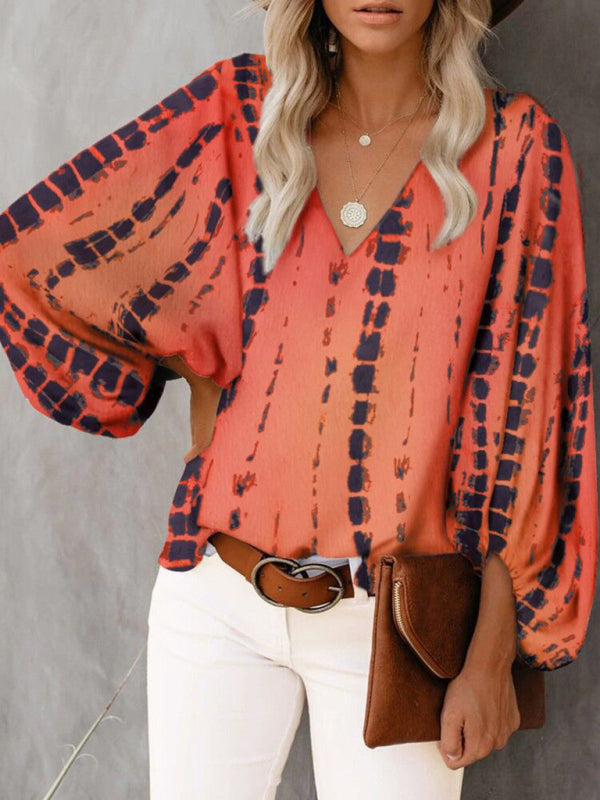 V-neck Casual Printed Lantern Sleeve Top