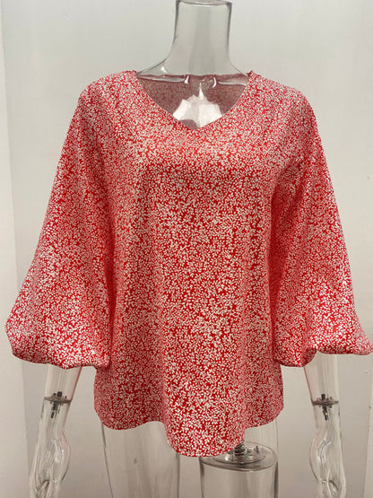 V-neck Casual Printed Lantern Sleeve Top