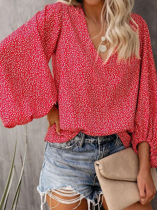 V-neck Casual Printed Lantern Sleeve Top