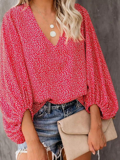 V-neck Casual Printed Lantern Sleeve Top