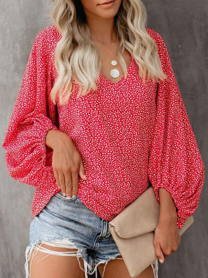 V-neck Casual Printed Lantern Sleeve Top