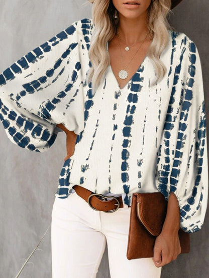 V-neck Casual Printed Lantern Sleeve Top