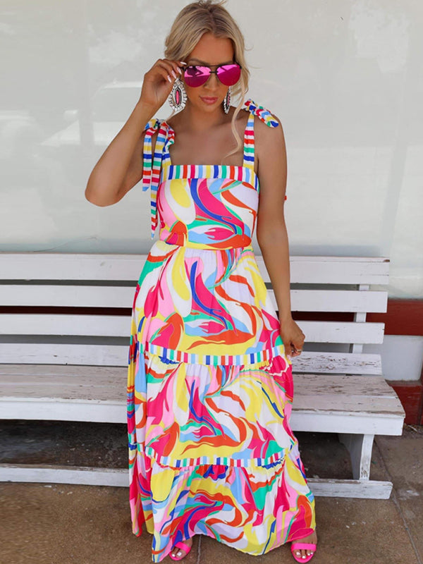 Bohemian Print Sling Paneled Swing Maxi Dress